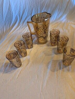 Marigold Floral Glass Pitcher and 6-Tumbler Set - iridescent